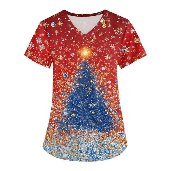 Garbnen Christmas Scrub Tops Woman Funny Xmas Printed V Neck Short Sleeve Fall Womens Scrub Tops Printed Nurses Working Uniforms with Pocket S-5XL