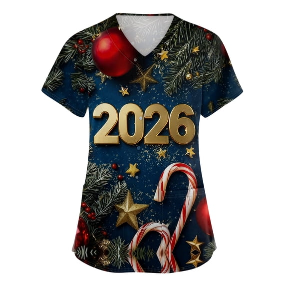 Garbnen Christmas Scrub Tops Woman Plus Size Stretchy Happy New Year 2026 Nurses Working Uniforms with Pocket V Neck Short Sleeve Scrub Tops Women S-5XL