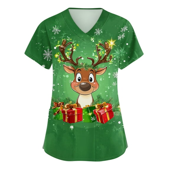 Garbnen Christmas Scrub Tops Woman Plus Size Stretchy Xmas Elk Print Nurse Working Uniforms with Pocket V Neck Short Sleeve Womens Scrub Tops S-5XL