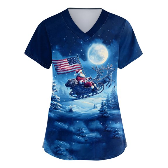 Garbnen Christmas Scrub Tops Woman Plus Size Stretchy Xmas Print Nurses Working Uniforms with Pocket V Neck Short Sleeve Scrubs for Women Workwear S-5XL
