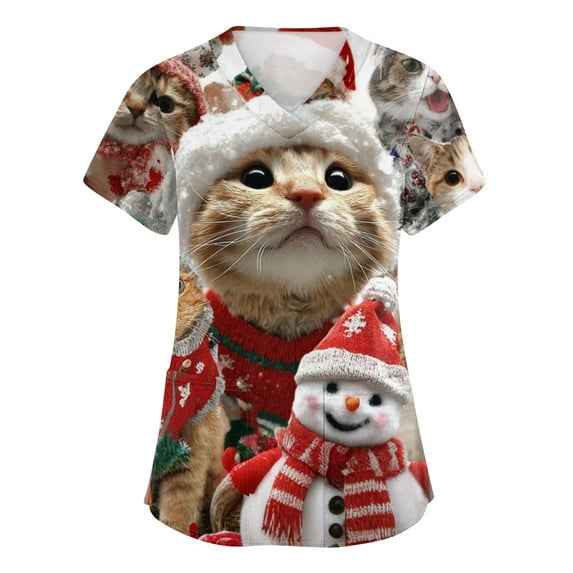 Garbnen Christmas Scrub Tops Woman V Neck Short Sleeve Going Out Tops for Women Winter Fall Xmas Print Nursing Uniforms for Women with Pockets S-5xl