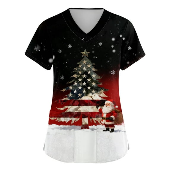 Garbnen Christmas Scrub Tops for Women Plus Size Stretchy Christmas Tree Print Nurse Uniforms with Pocket V Neck Short Sleeve Womens Scrubs Top Workwear S-5XL