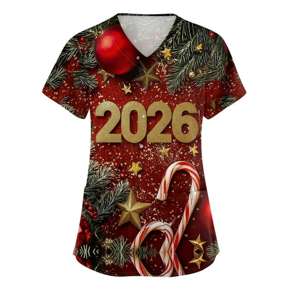 Garbnen Christmas Scrub Tops Women Plus Size Stretchy Happy New Year 2026 Nurse Uniform with Pocket V Neck Short Sleeve Scrubs for Women S-5XL