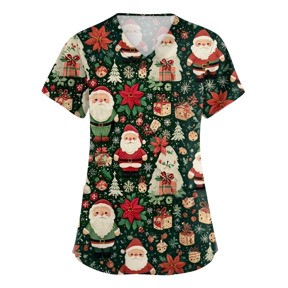 Garbnen Christmas Scrub Tops Women Plus Size Stretchy Santa Claus Print Nurse Working Uniforms with Pocket V Neck Short Sleeve Scrub Tops Women S-5XL