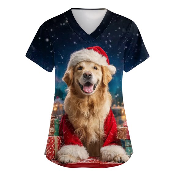 Garbnen Christmas Scrub Tops Women Plus Size V Neck Short Sleeve Fall Tops for Women 2025 Winter Fall Xmas Print Nurse Uniforms with Pockets S-5xl