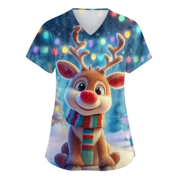 Garbnen Christmas Scrub Tops Women Plus Size V Neck Short Sleeve Women Tops Winter Fall Xmas Print Nursing Uniforms for Women with Pockets S-5xl