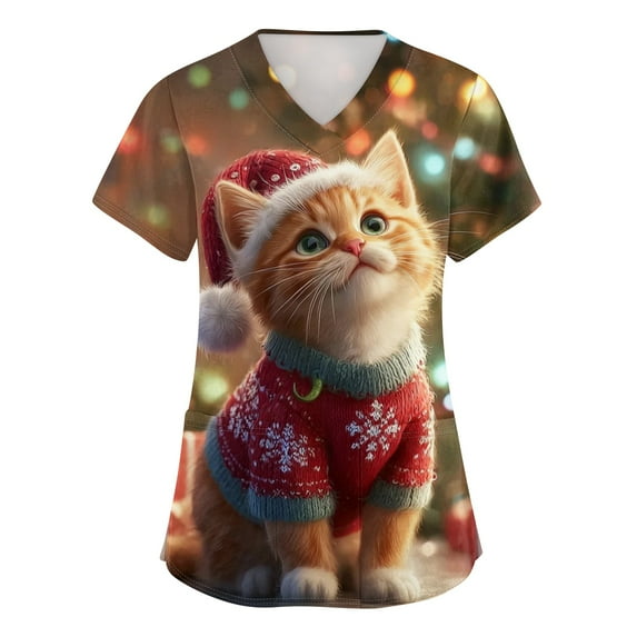 Garbnen Christmas Scrub Tops Women Plus Size V Neck Short Sleeve Women's Tops, Tees & Blouses Winter Fall Xmas Print Nursing Uniform with Pockets S-5xl