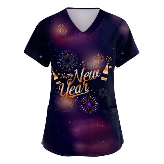 Garbnen Christmas Scrub Tops Women Print Plus Size Stretchy Happy New Year 2026 Nurse Uniform with Pocket V Neck Short Sleeve Womens Scrubs Top Workwear S-5XL