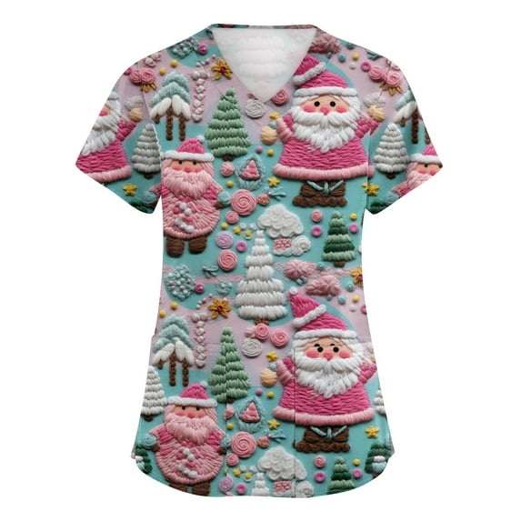 Garbnen Christmas Scrub Tops Women Print V Neck Short Sleeve Workout Tops for Women Winter Fall Xmas Print Nursing Scrubs with Pockets S-5xl