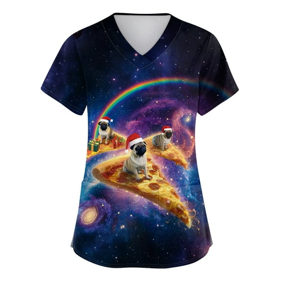 Garbnen Christmas Scrub Tops Women Stretchy V Neck Short Sleeve Fall Tops for Women 2025 Winter Fall Xmas Print Nurse Scrubs with Pockets S-5xl