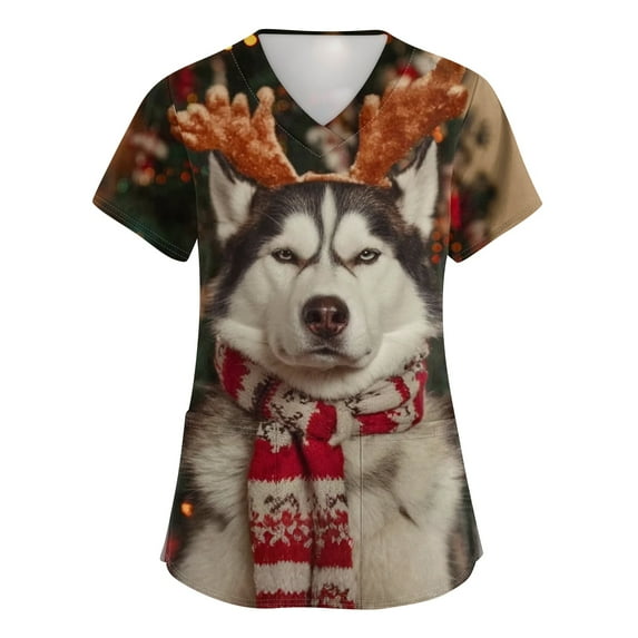 Garbnen Christmas Scrub Tops Women Stretchy V Neck Short Sleeve Women's Tops, Tees & Blouses Winter Fall Xmas Print Nursing Scrubs for Women with Pockets S-5xl