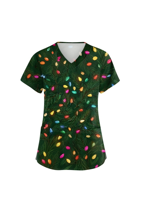 Christmas Scrub Tops Women V Neck Short Sleeve Fall Tops for Women Winter Fall Xmas Print Nursing Uniform with Pockets S-5xl