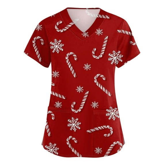 Garbnen Christmas Scrub Tops Women V Neck Short Sleeve Fall Tops for Women Winter Fall Xmas Print Nursing Uniforms with Pockets S-5xl