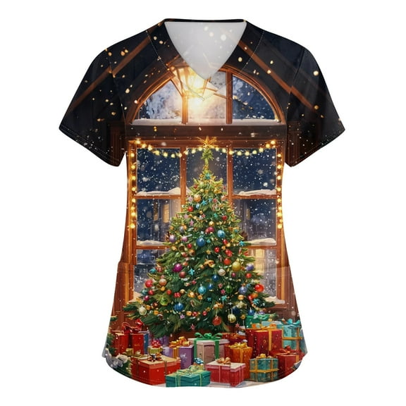 Garbnen Christmas Scrub Tops for Women V Neck Short Sleeve Dressy Tops for Women Winter Fall Xmas Print Nurse Uniforms with Pockets S-5xl