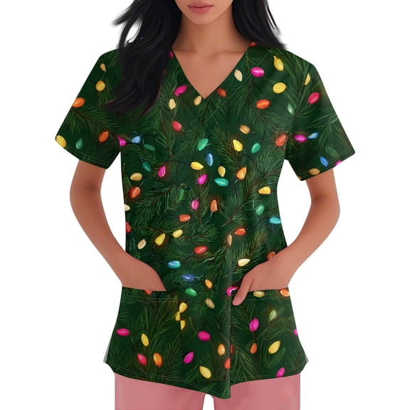 Garbnen Christmas Scrub Tops for Women V Neck Short Sleeve Tops for Women Trendy Xmas Printed Nurse Working Uniforms with Pockets S-5XL