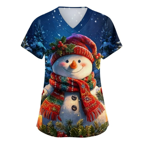 Garbnen Christmas Scrub Tops for Women V Neck Short Sleeve Women's Tops Winter Fall Xmas Print Nursing Scrubs with Pockets S-5xl