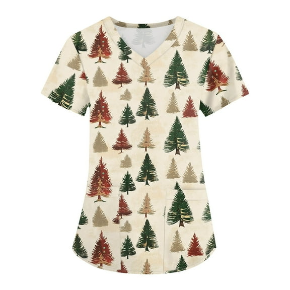 Garbnen Christmas Scrubs Funny Xmas Printed V Neck Short Sleeve Fall Scrub Tops Women Stretchy Nurse Uniform with Pocket S-5XL