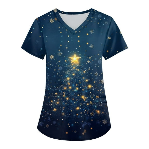 Garbnen Christmas Scrubs Funny Xmas Printed V Neck Short Sleeve Fall Scrub Tops for Women Nurse Uniform with Pocket S-5XL