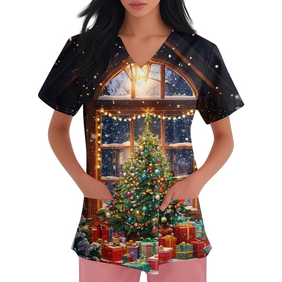 Garbnen Christmas Scrubs Top V Neck Short Sleeve Women's Tops Xmas Printed Nurse Uniform with Pockets S-5XL