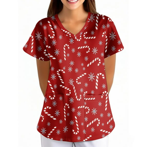 Garbnen Christmas Scrubs Top for Women V Neck Short Sleeve Womens Business Casual Tops Xmas Printed Nurses Working Uniforms with Pockets S-5XL