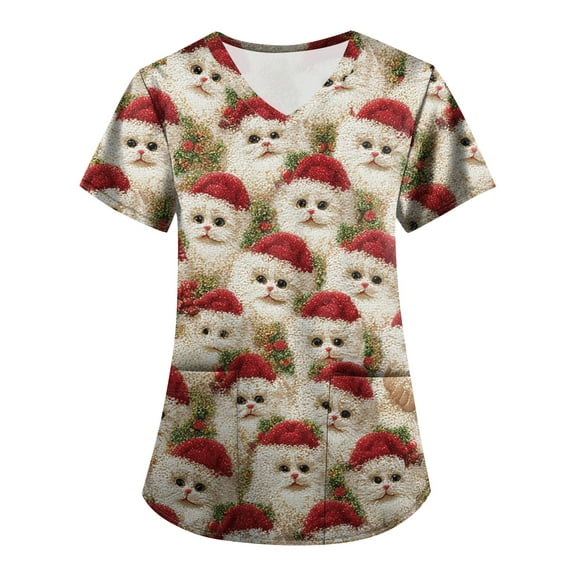 Garbnen Christmas Scrubs Tops V Neck Short Sleeve Women's Tops Xmas Printed Nurse Uniforms with Pockets S-5XL