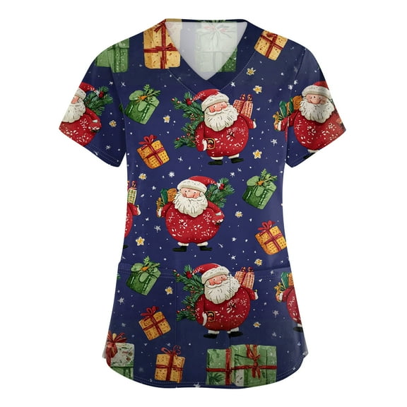 Garbnen Christmas Scrubs Tops for Women Plus Size Stretchy Santa Claus Print Nurse Working Uniforms with Pocket V Neck Short Sleeve Womens Scrubs Tops S-5XL