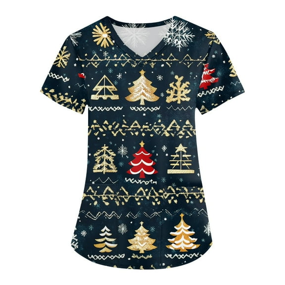 Garbnen Christmas Scrubs Tops for Women Funny Xmas Printed V Neck Short Sleeve Fall Womens Scrub Tops Stretchy Nurse Uniform with Pocket S-5XL