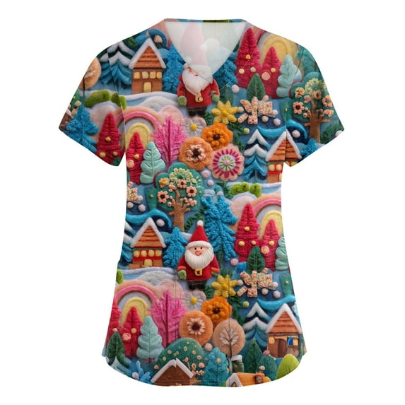 Garbnen Christmas Scrubs Tops for Women V Neck Short Sleeve Fall Tops for Women 2025 Winter Fall Xmas Print Nursing Scrubs with Pockets S-5xl