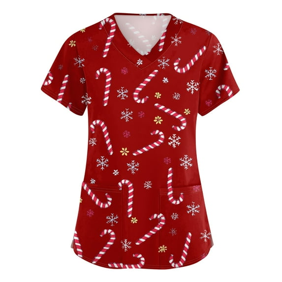 Garbnen Christmas Scrubs Tops for Women V Neck Short Sleeve Fall Tops for Women Winter Fall Xmas Print Nursing Scrubs with Pockets S-5xl
