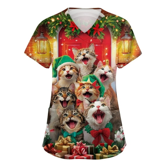 Garbnen Christmas Scrubs Tops for Women V Neck Short Sleeve Going Out Tops for Women Winter Fall Xmas Print Nursing Uniform with Pockets S-5xl
