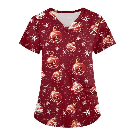 Garbnen Christmas Scrubs for Women Funny Xmas Printed V Neck Short Sleeve Fall Women Scrub Tops Nursing Uniform with Pocket S-5XL