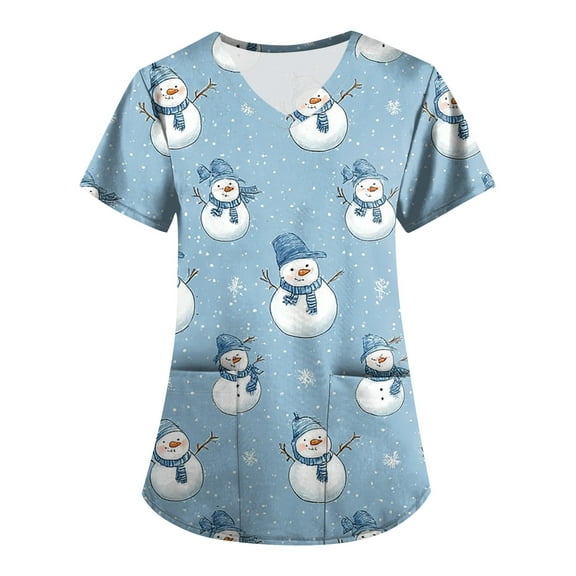 Garbnen Christmas Scrubs for Women Tops V Neck Short Sleeve Plus Size Tops Xmas Printed Nurse Working Uniforms with Pockets S-5XL