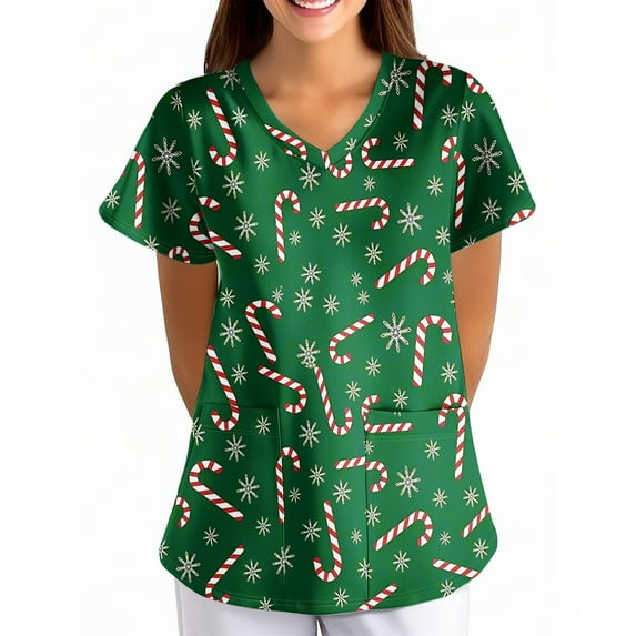 Garbnen Christmas Scrubs for Women V Neck Short Sleeve Nursing Tops Xmas Printed Nurse Working Uniforms with Pockets S-5XL