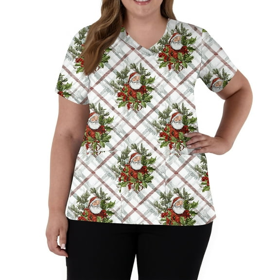 Garbnen Christmas Scrubs for Women V Neck Short Sleeve Tops for Women Thanksgiving Holiday Nurse Uniforms with Pockets S-5XL