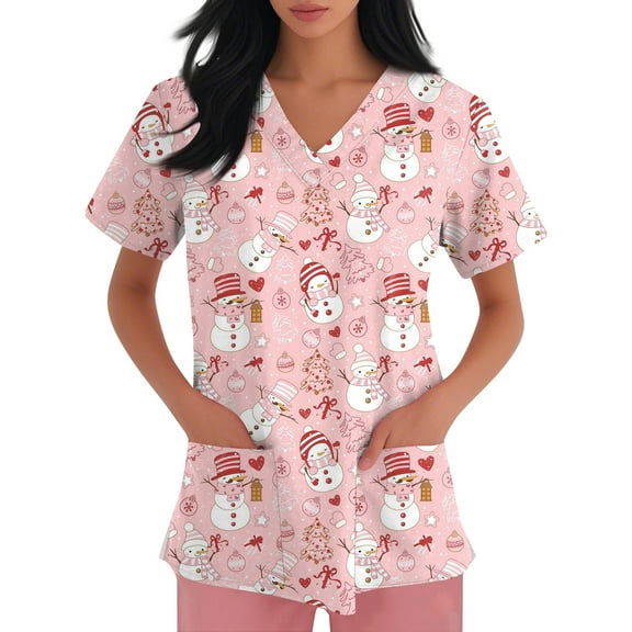 Garbnen Christmas Scrubs for Women Workwear V Neck Short Sleeve Womens Dressy Tops Holiday Print Nurse Uniform with Pockets S-5XL