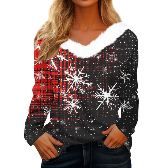 Garbnen Christmas Sweatshirt Womens Faux Fur Trim Snowflake Print Long Sleeve Pullover Shirts for Women Winter Warm Holiday Xmas Funny Womens blouses