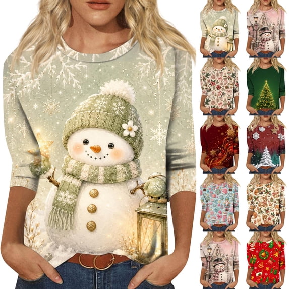 Garbnen Christmas Sweatshirts for Women Xmas 3/4 Length Sleeve Womens T Shirt Snowflake Graphic S-5xl Plus Size Tunic Tops for Women Funny Fall Winter Blouses for Women