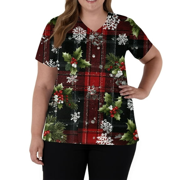 Garbnen Christmas Under Scrubs for Women V Neck Short Sleeve Womens Fall Tops Holiday Print Nurses Working Uniforms with Pockets S-5XL