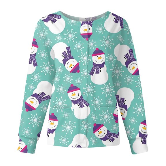 Garbnen Christmas Women Scrub Jacket Xmas Tree Printed Womens Tops Workwear Funny Merry and Bright Xmas Warm Up Snap Front Nurse Uniforms with Pockets S-5XL