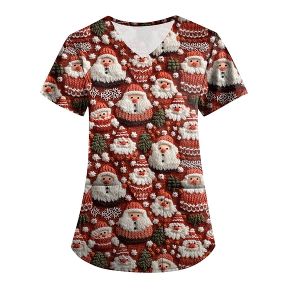 Garbnen Christmas Women Scrub Top V Neck Short Sleeve Womens Dressy Tops Holiday Print Nurse Working Uniforms with Pockets S-5XL