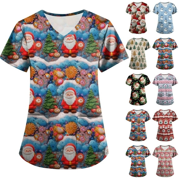 Garbnen Christmas Women Scrub Top V Neck Short Sleeve Workout Tops Xmas Printed Nurses Working Uniforms with Pockets S-5XL