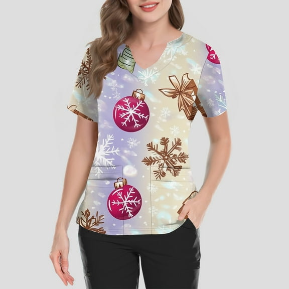 Garbnen Christmas Women Scrub Tops V Neck Short Sleeve Women Tops Thanksgiving Holiday Nurse Uniforms with Pockets S-5XL