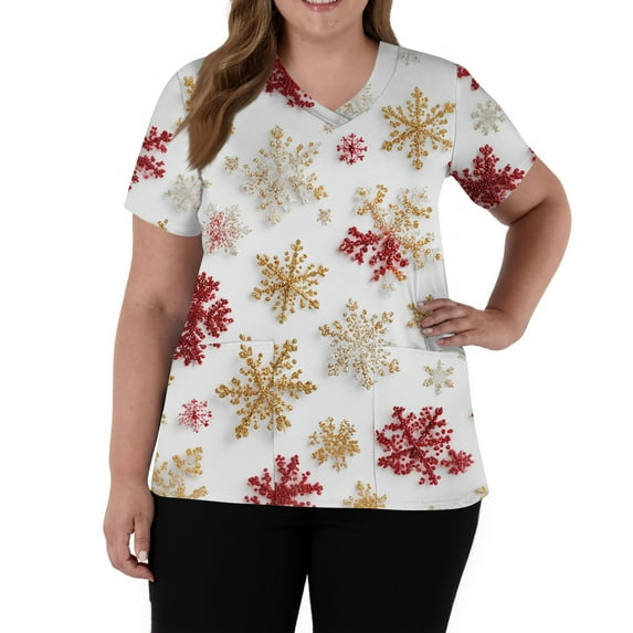 Garbnen Christmas Women Scrub Tops V Neck Short Sleeve Womens Business Casual Tops Holiday Print Nurse Uniforms with Pockets S-5XL