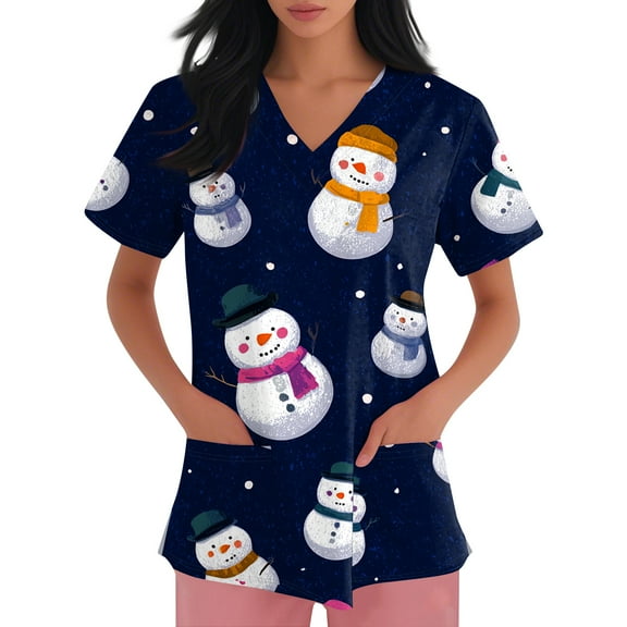 Garbnen Christmas Women Scrub Tops V Neck Short Sleeve Womens Fall Tops Holiday Print Nurse Uniform with Pockets S-5XL