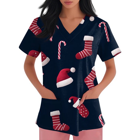 Garbnen Christmas Women Scrub Tops V Neck Short Sleeve Work Tops for Women Holiday Print Nurse Working Uniforms with Pockets S-5XL