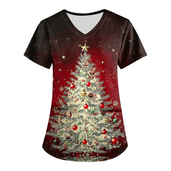 Garbnen Christmas Women Scrubs Top V Neck Short Sleeve Womens Tops Trendy Thanksgiving Holiday Nurse Working Uniforms with Pockets S-5XL