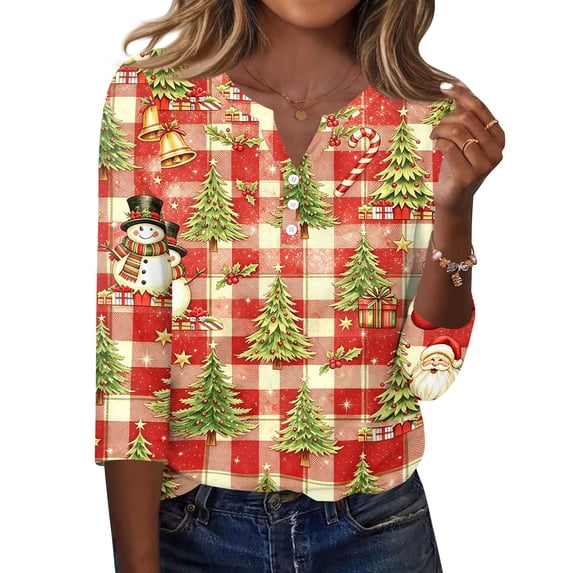 Garbnen Christmas Women's 3/4 Sleeve Shirts Funny Christmas Graphic Henley T Shirt Button Xmas Holiday Fall Winter Relaxed Fit Y2k Tops for Women