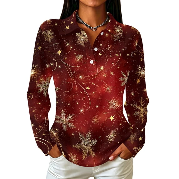 Garbnen Christmas Women's Polo Shirts Snowflake Graphic Ladies Golf Shirts Xmas Holiday Button Down Long Sleeve Fall Winter Relaxed Fit Shirts for Women