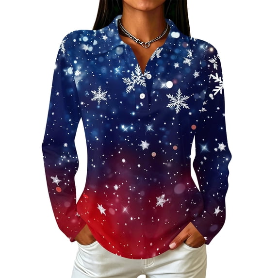 Garbnen Christmas Women's Polo Shirts Snowflake Graphic Womens Golf Shirts Xmas Holiday Button Down Long Sleeve Fall Winter Relaxed Fit Blouses for Women