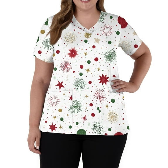 Garbnen Christmas Women's Scrub Tops V Neck Short Sleeve Womens Tops Trendy Thanksgiving Holiday Nurse Working Uniforms with Pockets S-5XL